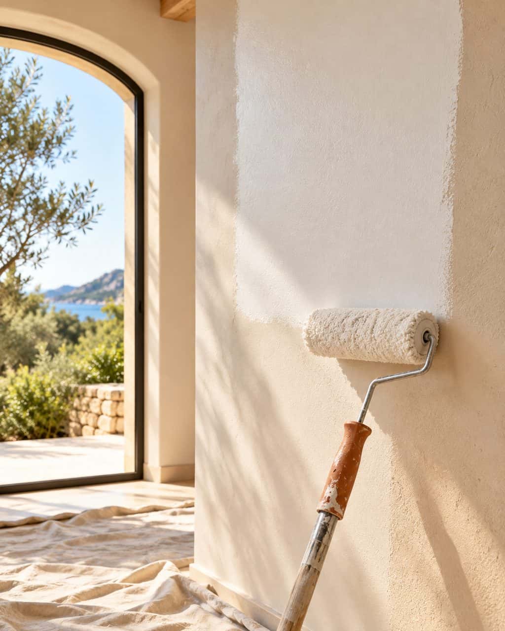 Rouleau appliquant une peinture blanche sur un mur intérieur