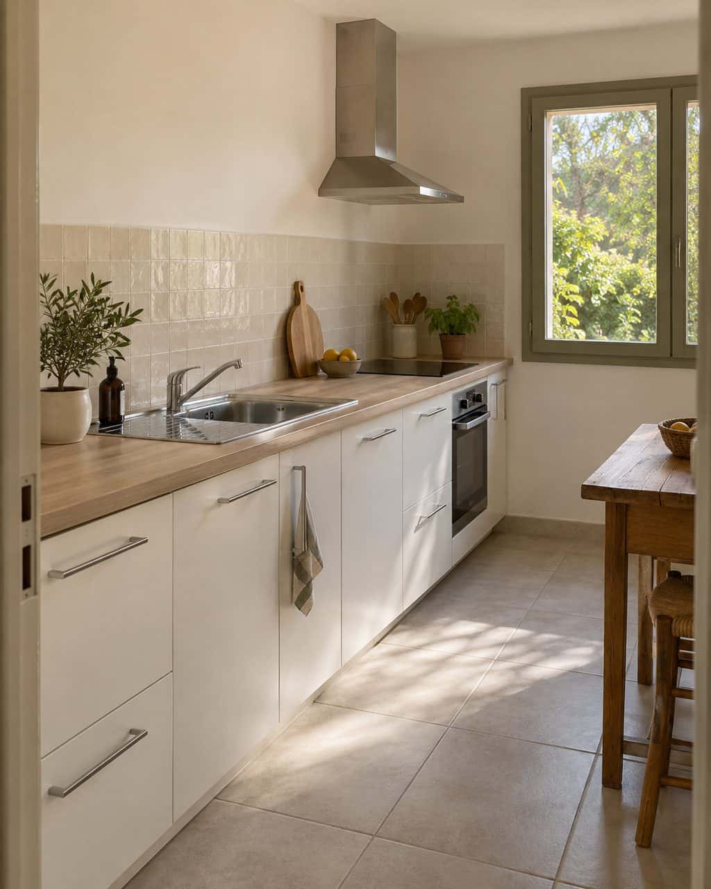 Petite cuisine rénovée aux meubles blancs, plan de travail en bois et sol carrelé