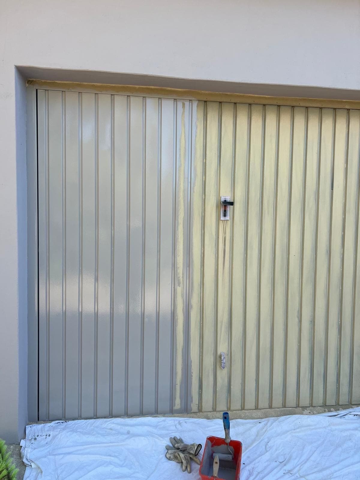 Porte de garage à moitié repeinte