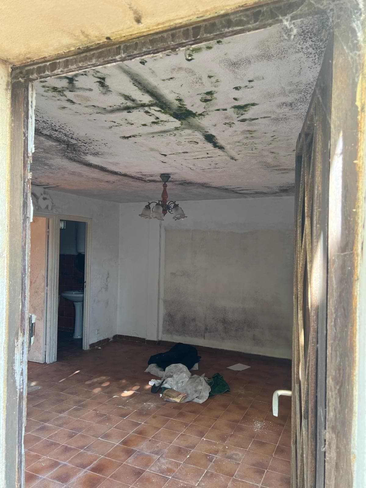 Séjour au plafond moisi, vu depuis l’entrée