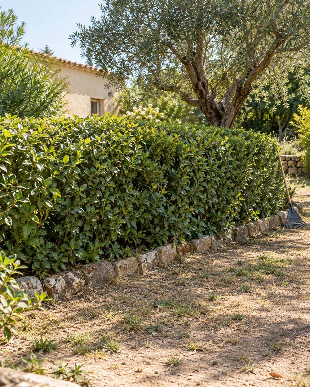 Haie taillée, olivier et sol dégagé dans un jardin méditerranéen